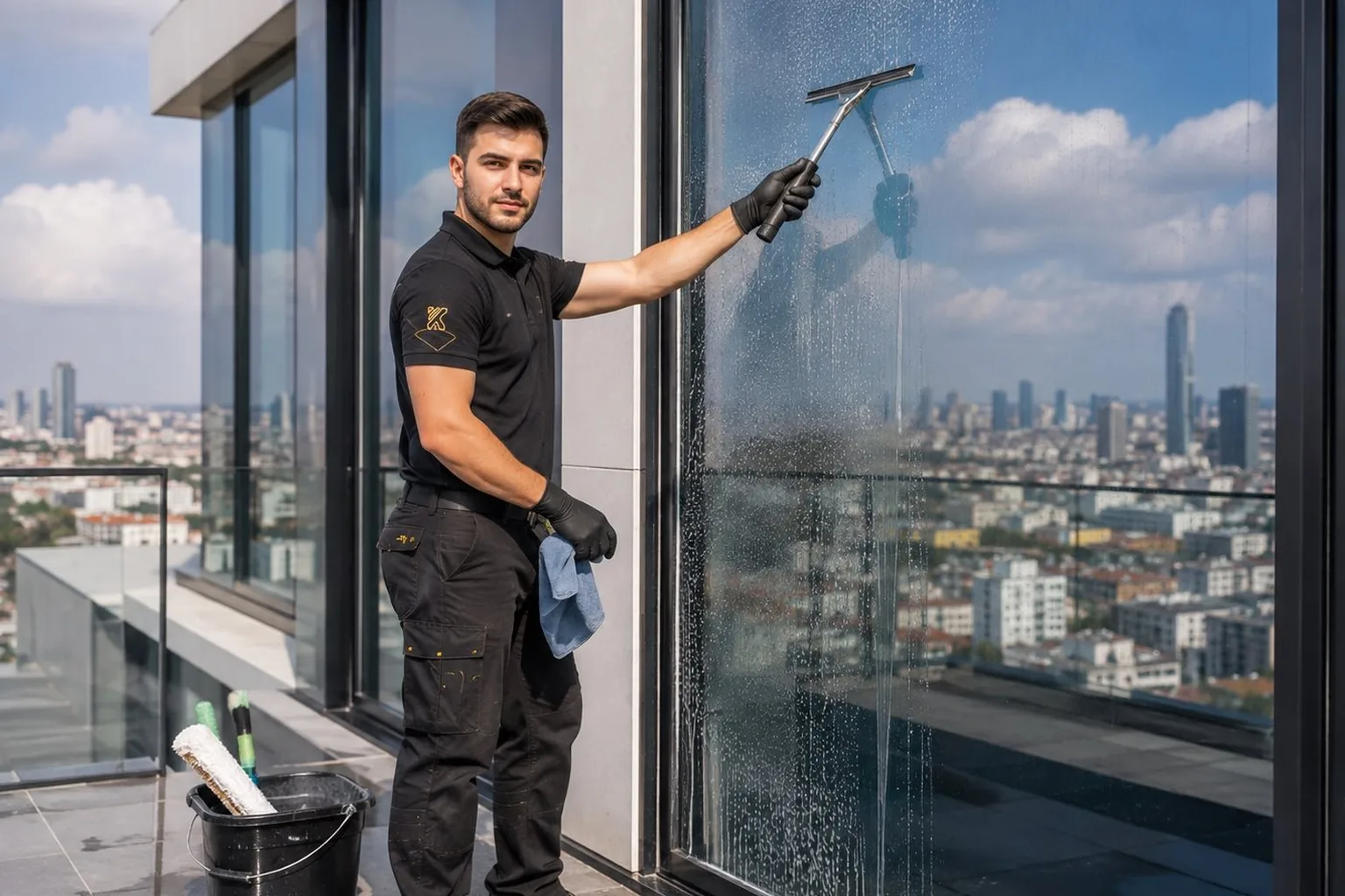 Fensterreinigung an einem Gewerbeobjekt